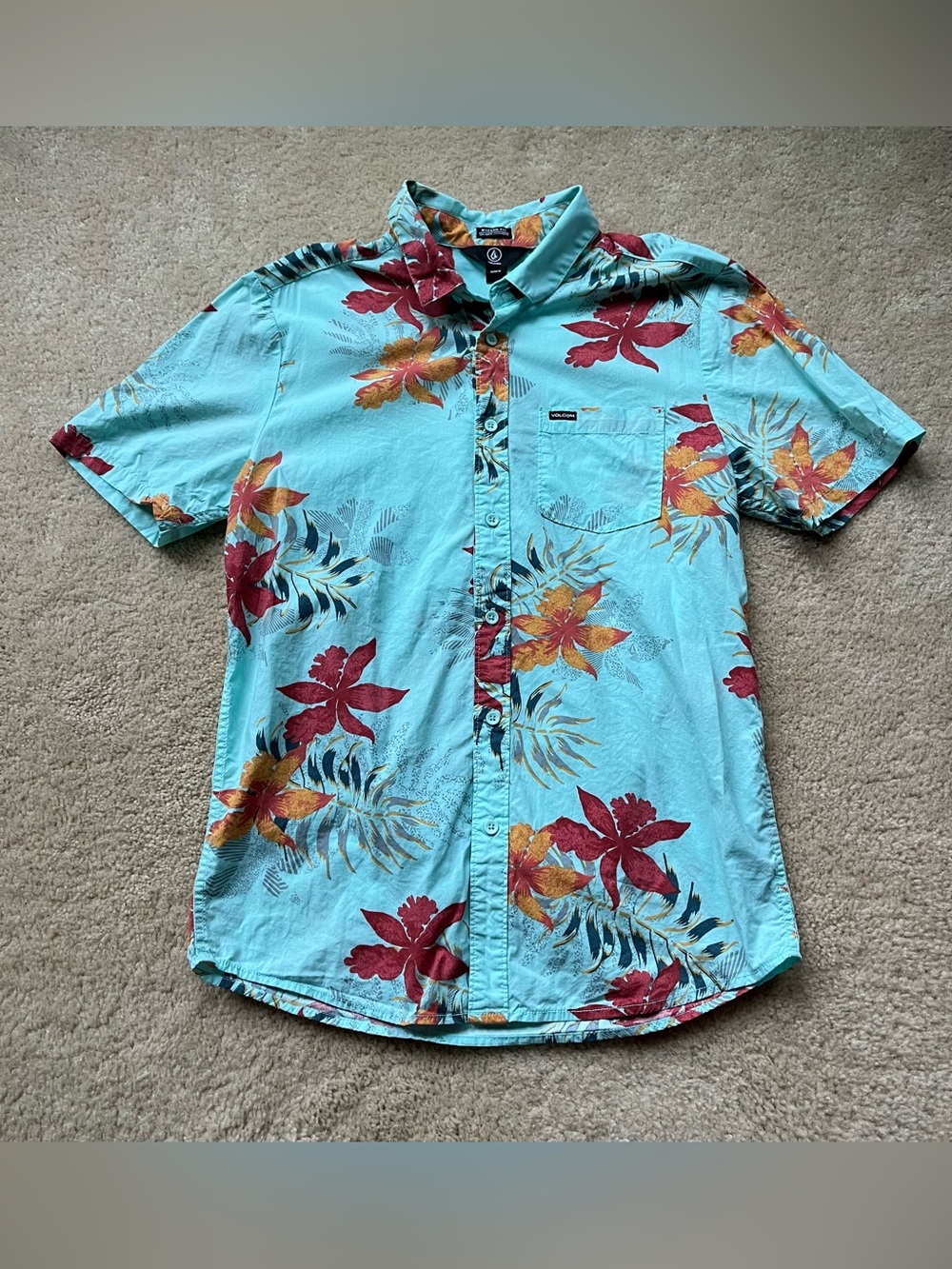 Volcom Men's Green Tropical Floral Hawaiian Button-Up Shirt - Size M - VGUC